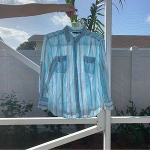 NEW YORK & COMPANY Blue/Gray Striped Silver Metallic 3/4 Sleeve Blouse Size L